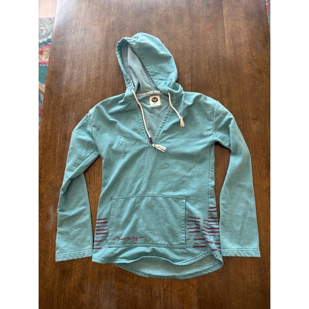 Vintage Roxy Womens Teal Blue Graphic Hoodie V-Neck Pullover Sweatshirt Small